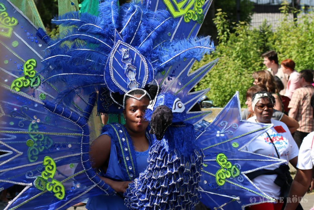 Woman with a beautiful fancy bird dress during the Carnival der Kulturen 2015 in Bielefeld